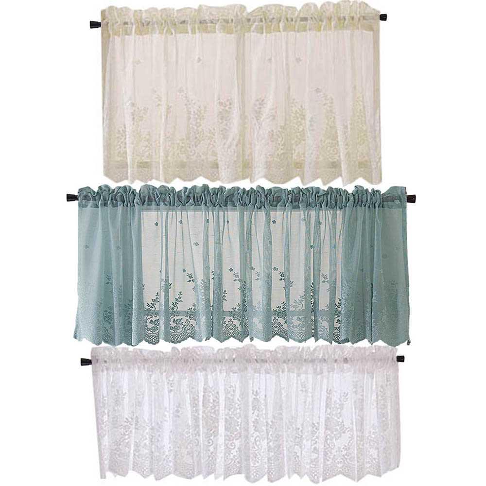 Modern Lace Jacquard Window Curtain Valance Lace Hem Coffee