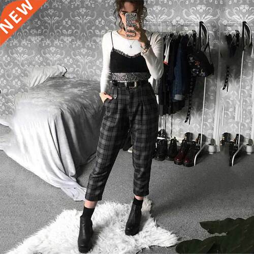 Plaid Pants Women Sreetwear Cool Girl High Waist Trousers ha