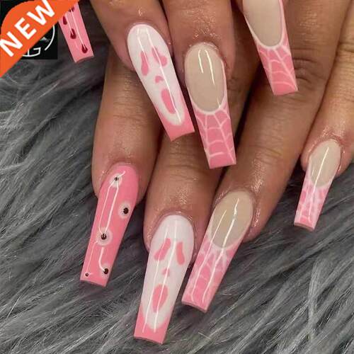 Long Coffin False Nails Grimae Pink French Ballerina Fake N