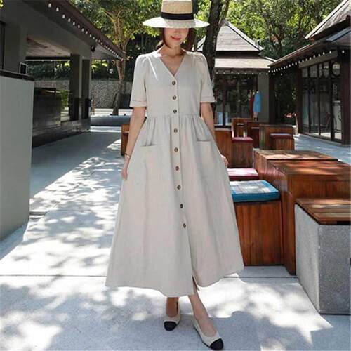 Johnature 2022 New Korean Linen V-ne Loose Women Dress Sum
