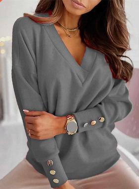 Women's sweter utumn Solid Color Deep V Neck Pocket Single
