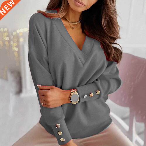 Women's sweter utumn Solid Color Deep V Neck Pocket Single