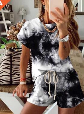 Women Casual T shrts Sets Summer Te Dye Prnt Short Sleeve