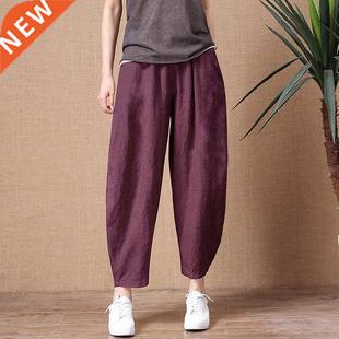 ShiMai Women's Cotton Linen Pants Elastic Waist Vintage Trou