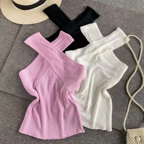 2022 Summer Sleeveless Tshirts Women Crossed V-Neck Slim Tan