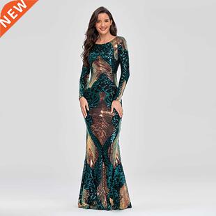 O-neck Long-Sleeve Shinning Sequins Evening Dresses Sexy Bac