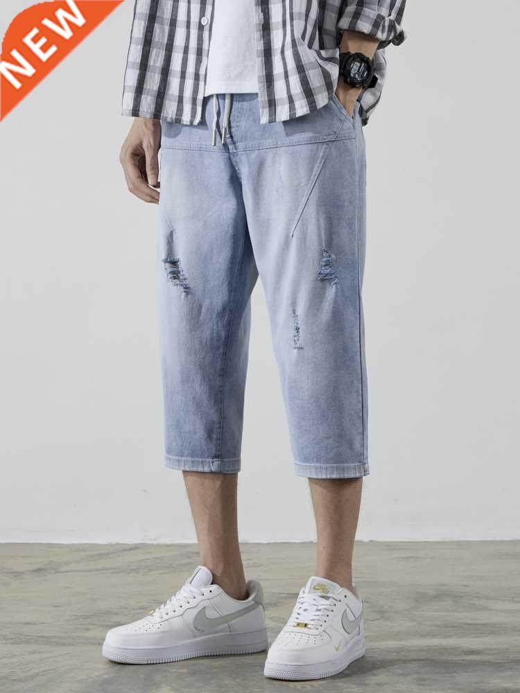 2022 new summer blue ripped jeans men short breeches stretch