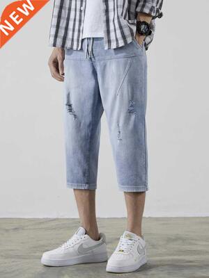 2022 New Summer Blue Ripped Jeans Men Short Breeches Stretch