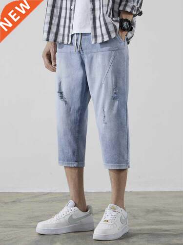 2022 New Summer Blue Ripped Jeans Men Short Breeches Stretch