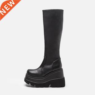 Women Leather Shoes Spring Winter High Platform Heels Elasti