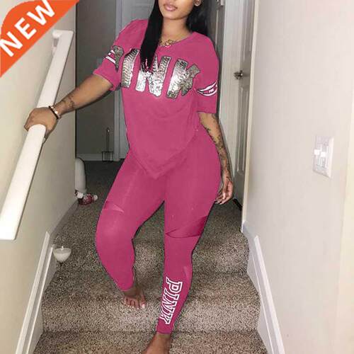 2022 Summer Women Casual Pink Letter Print Sweatsuit 2 Piece