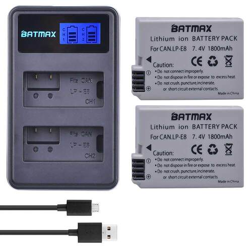 2Pcs 1800mah LP-E8 LPE8 LP E8 Battery Batterie AKKU + LCD Du