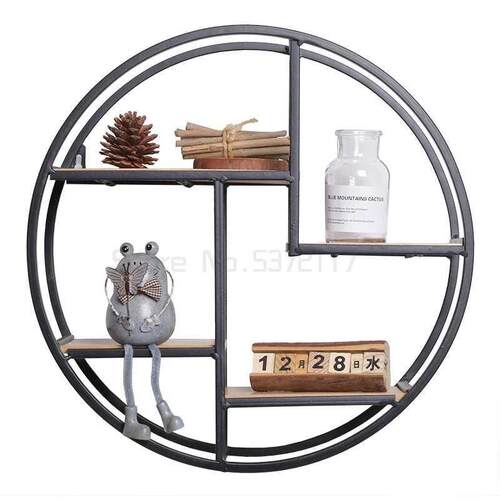 Industrial Style Wood Iron Craft Round Wall Shelf Display