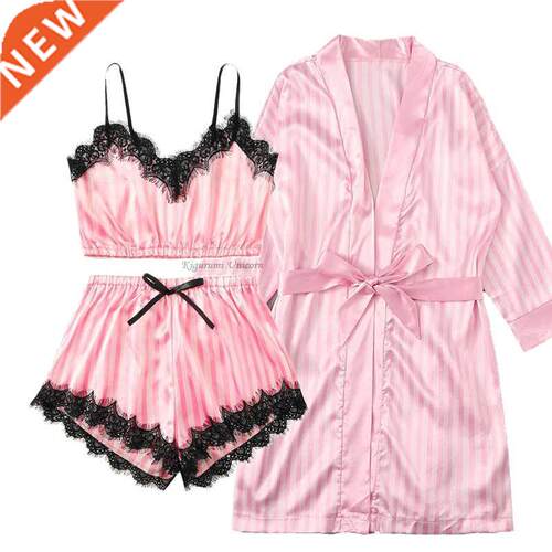 New 3 Pieces Women Pajamas Sets Faux Silk Pajamas Sleepwear