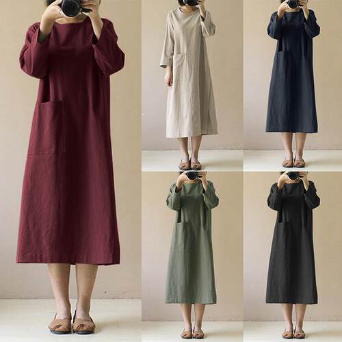 45XL plus-size cotton and linen midlength dress for ladies