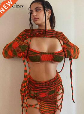 Hugcitar Print Knitting Women Long Sleeve Crop Top Drawstrin