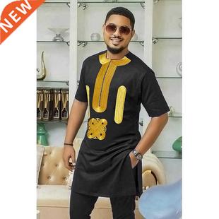 African Clothes For Men No Cap Black Shirt Pants Set Embroid