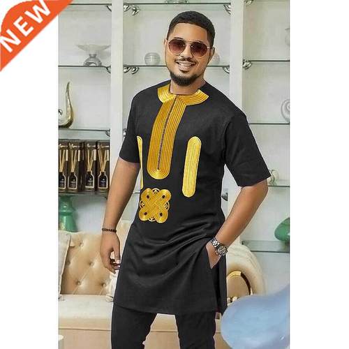 African Clothes For Men No Cap Black Shirt Pants Set Embroid