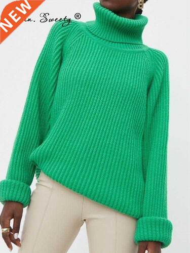Women's Turtleneck Long Sleeve Sweater Kntted Green Casual
