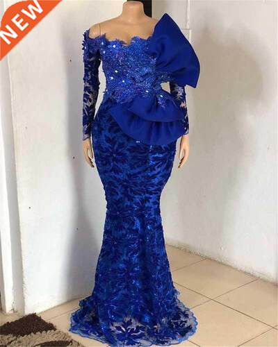 Royal Blue African Evening Dresses Lace Beaded Off The Shoul