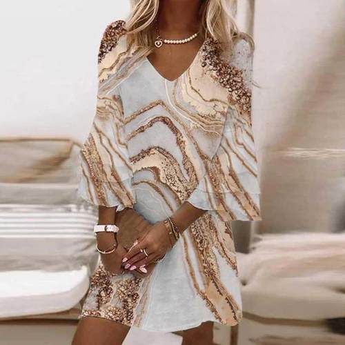 Women Fashion Flare Sleeve Dress Summer Casual Loose V-Neck