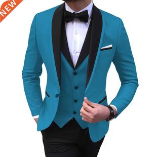 Blue Slit Mens Suits 3 Piece Black Shawl Lapel Casual Tuxedo