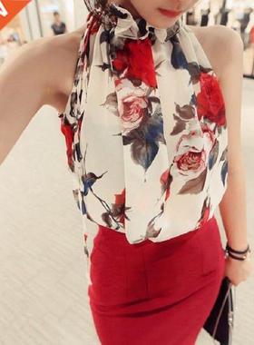 Floral Chiffon Summer Women's Tunic Blouse Sleeveless Ruffle
