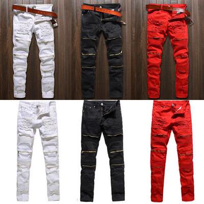 Men Skinny Sretch Denim Ripped Pants Disressed Ripped Freyed