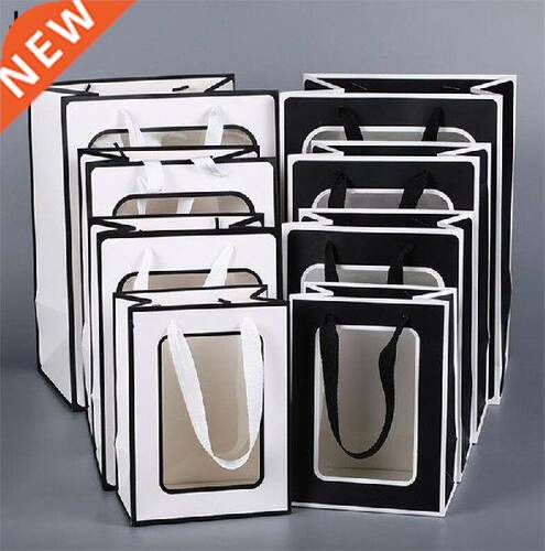18*13*25cm black paper bag with clear PVC window white