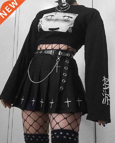 Womens Pleated Skirt Slim High Waist Mini Black Cross Print