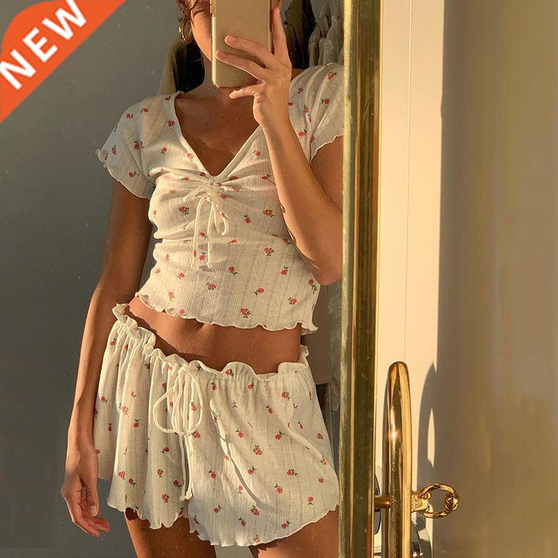 Summer Women's Stringy Selvedge Floral Pajama Sets.Thin Lady