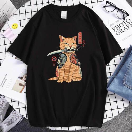 Japanese yle Cat Anime Samurai Sword Quality T Shirt Summe