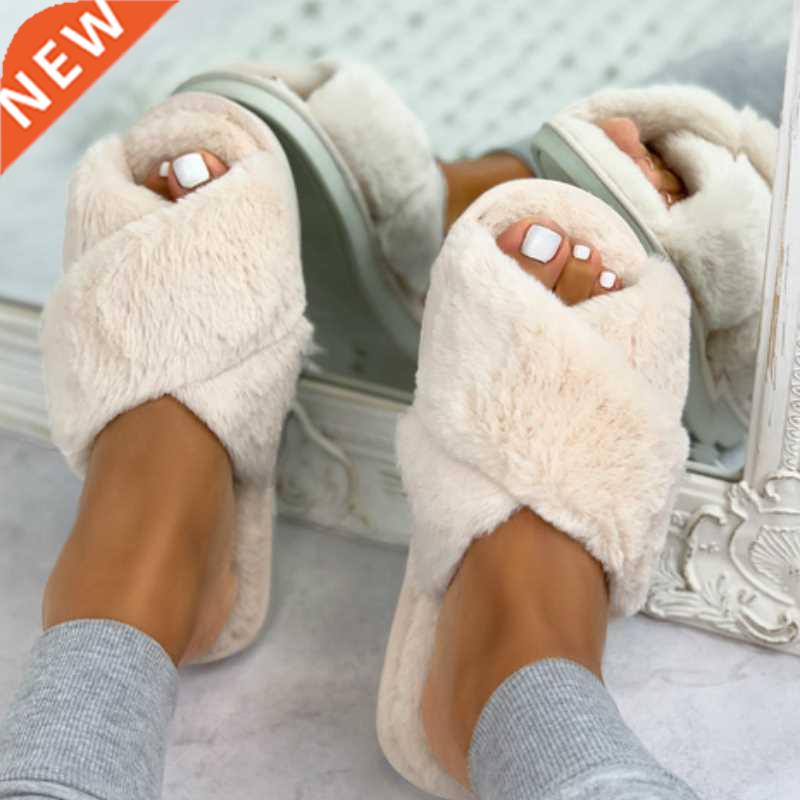 Women Fashion Warm Fluffy Slippers Cozy Faux Fur Cross Indoo