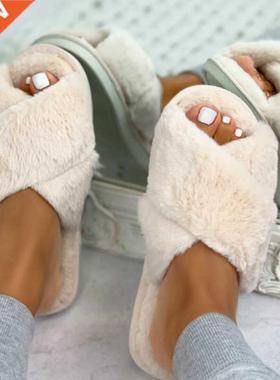 Women Fashion Warm Fluffy Slippers Cozy Faux Fur Cross Indoo