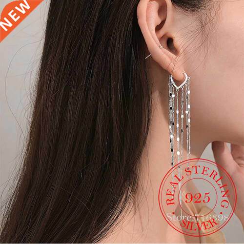 925 Sterling Silver Light Luxury Long Tassel Hoop Earrings F