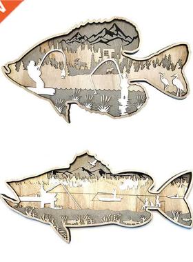 B0KB Carving Wooden Fish Sculpture Wall Hanging Sea Bass