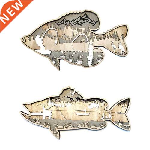 B0KB Carving Wooden Fish Sculpture Wall Hanging Sea Bass