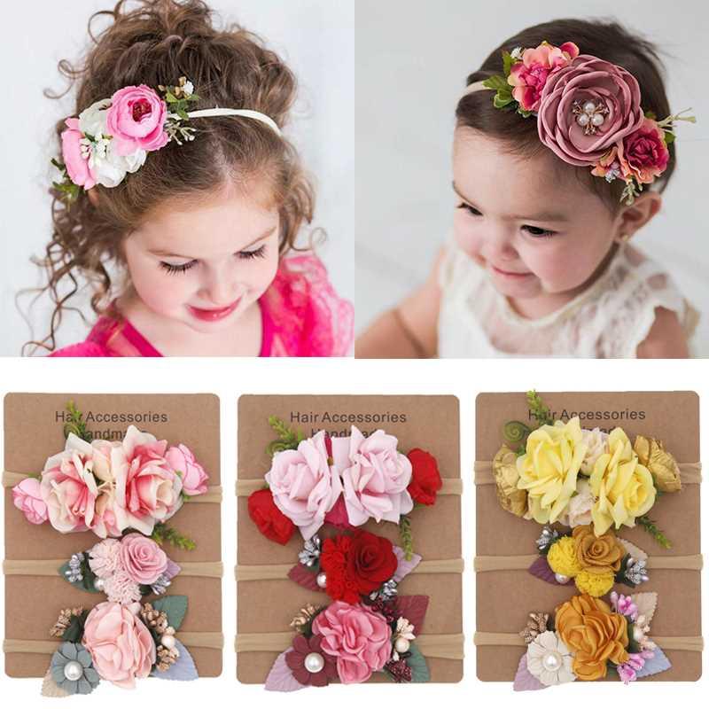 3Pcs Pearl Flower Baby Headband Infant Girl Nylon Elastic Ha