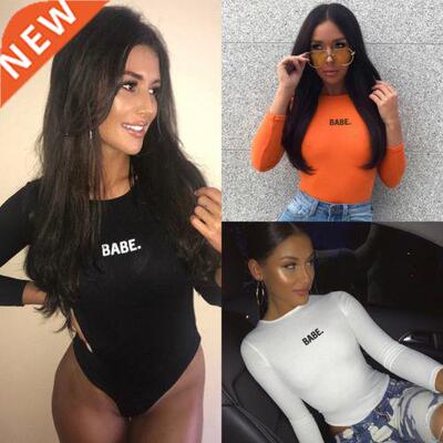 Fashion Sexy Women BABE Letter Long Sleeved Bodysuits Casual