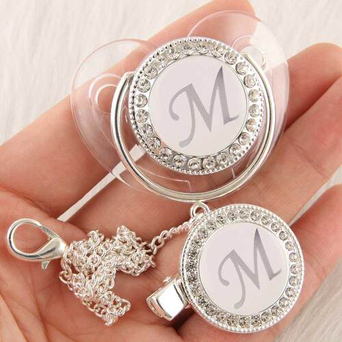 26 Initial Letter Silver Transparent Baby Pacifier with Clip