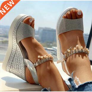 2021 New Women Wedge Sandals Summer Bead Studded Detail Plat