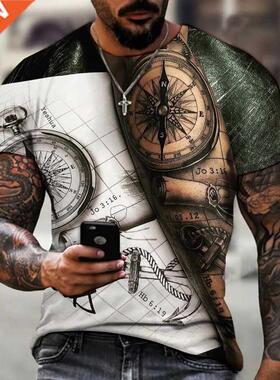2021 New Men's Summer 3D Printed Compass T-Shirt Hip-Hop