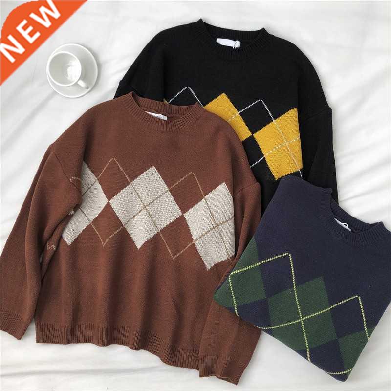 Knitted Sweater Women Argyle Oversize Sweaters Korean Pullov