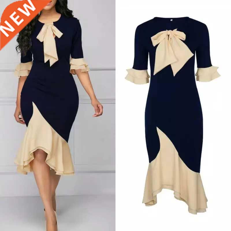 4XL Sexy round neck tie slim lace dress women office long