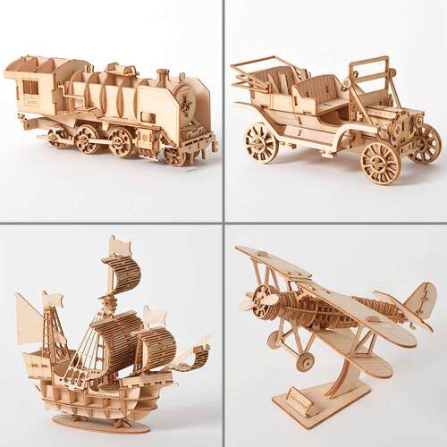 Laser Cutting DIY Sailing Ship Train Airplane Toys 3D Wooden