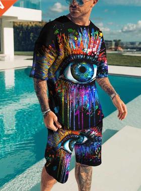 Summer New Men's Set Oversize T-shirt Shorts 2 Piece Set Men