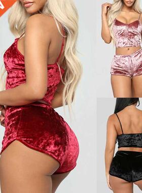 2 Piece Set Women Velvet Pajama Set Sexy Spaghetti Straps Sl