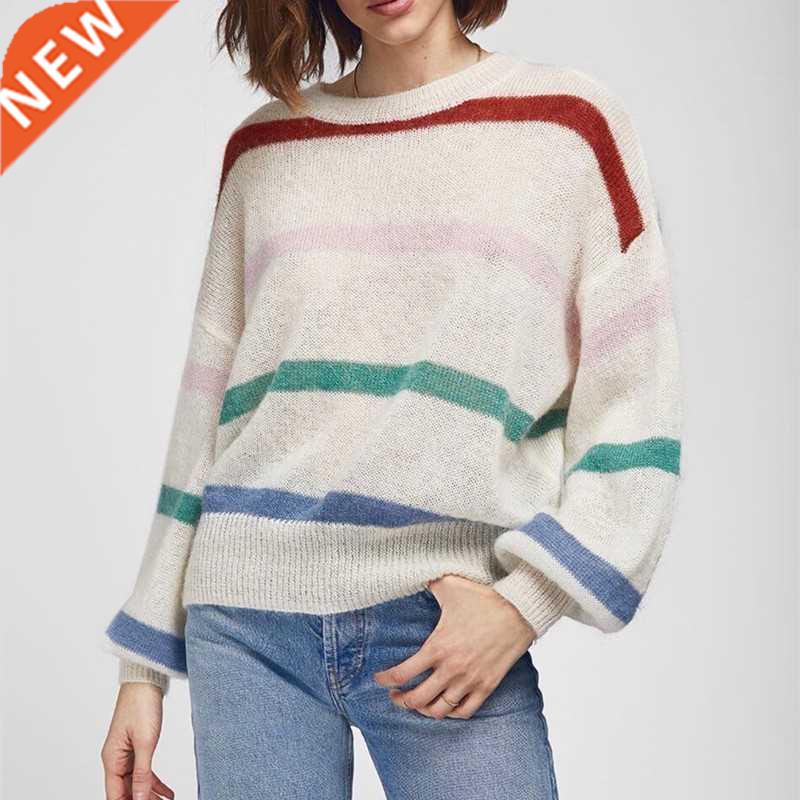 Women's Mohair Wool Striped Sweater Loose Design Long-sleeve