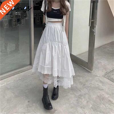Black Gothic Lace Stitching Irregular Pleated Skirt Women Wh
