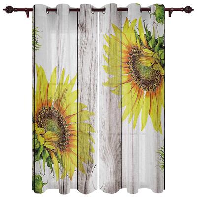 Retro Wood Textured Sunflower Window Curtains for Bedroom